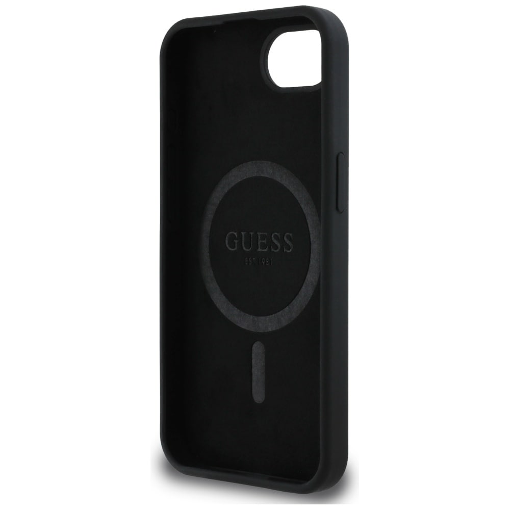 Guess MagSafe-etui i silikon med metallogo iPhone 16e - svart