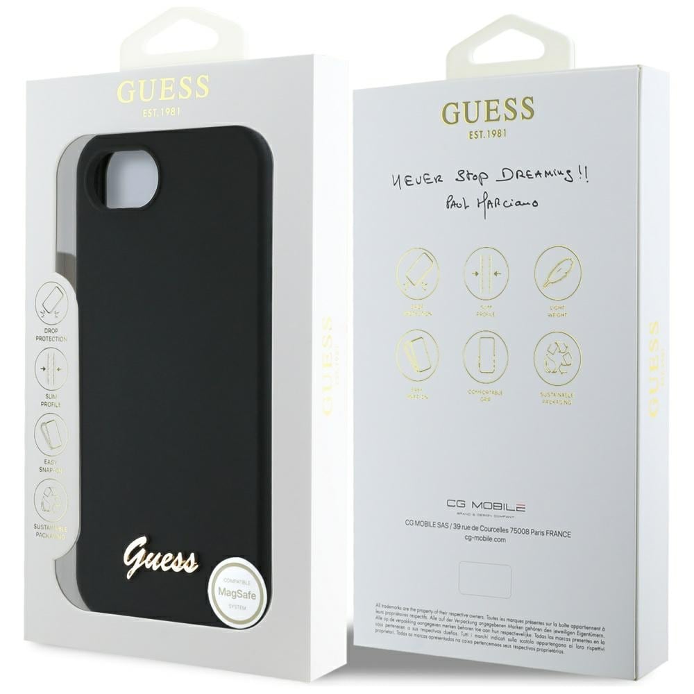 Guess MagSafe-etui i silikon med metallogo iPhone 16e - svart