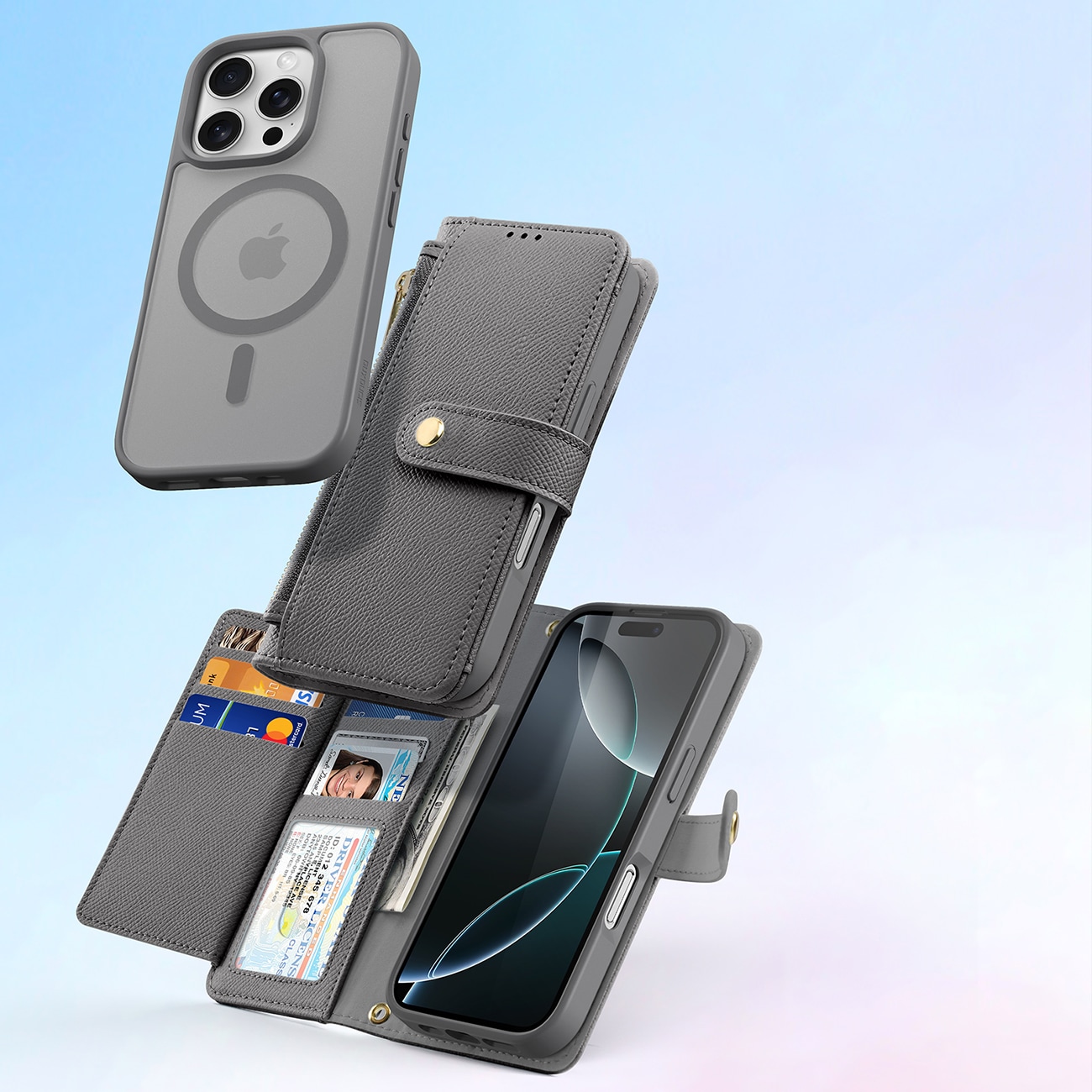 Dux Ducis Lawa iPhone 16 Pro lærveske med avtakbar magnetisk lommebok - grå