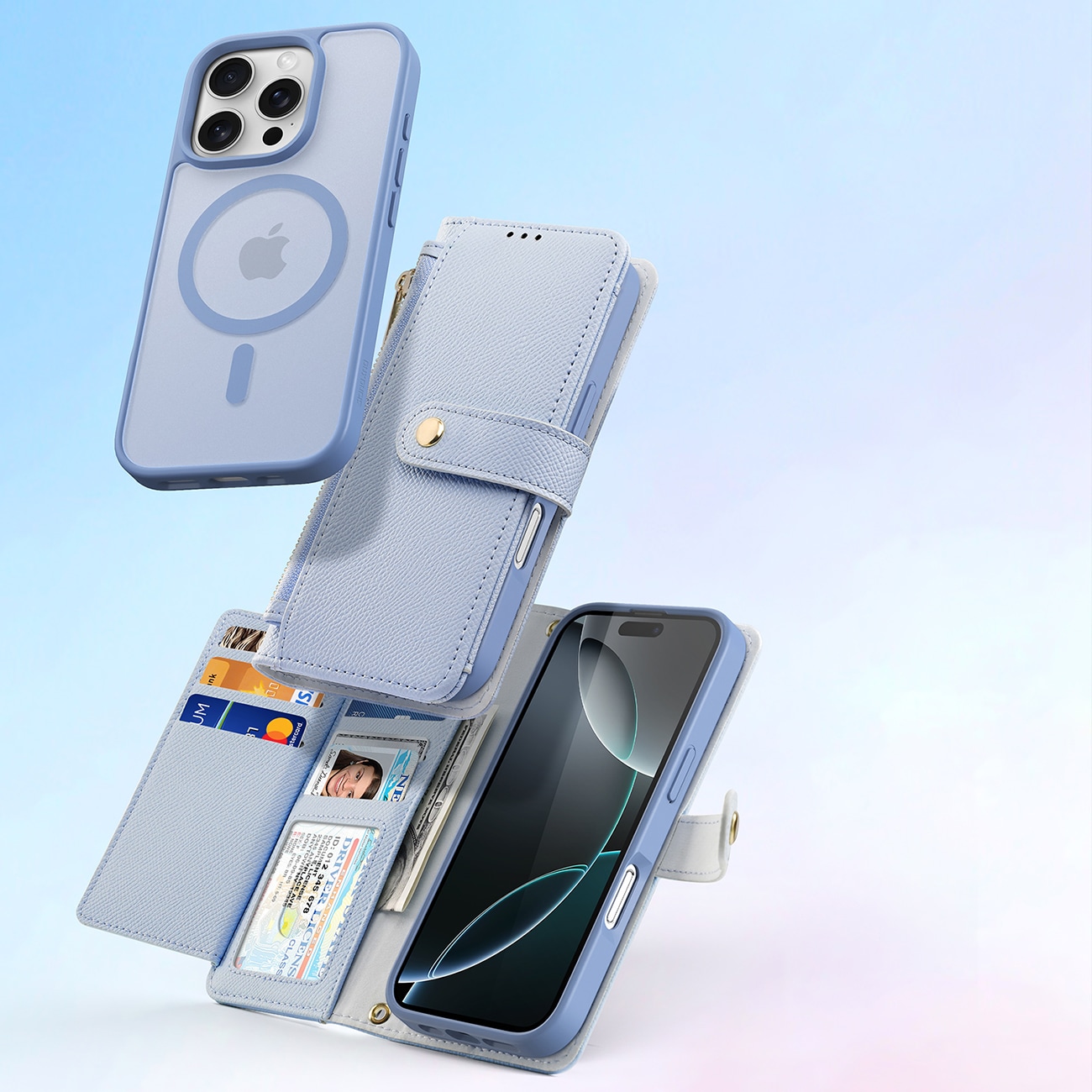 Dux Ducis Lawa lærveske til iPhone 16 Pro Max med avtakbar magnetisk lommebok - blå