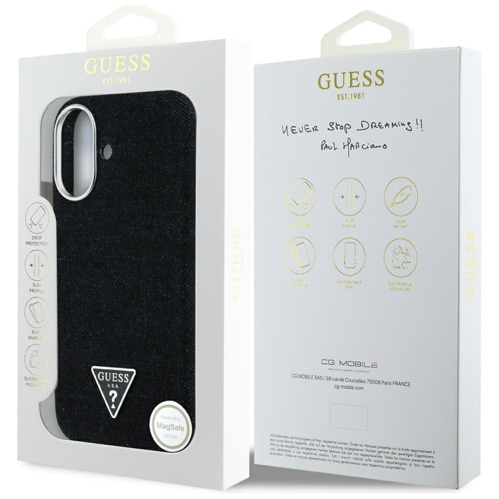 Guess Denim Triangle Logo MagSafe-etui for iPhone 16 - svart
