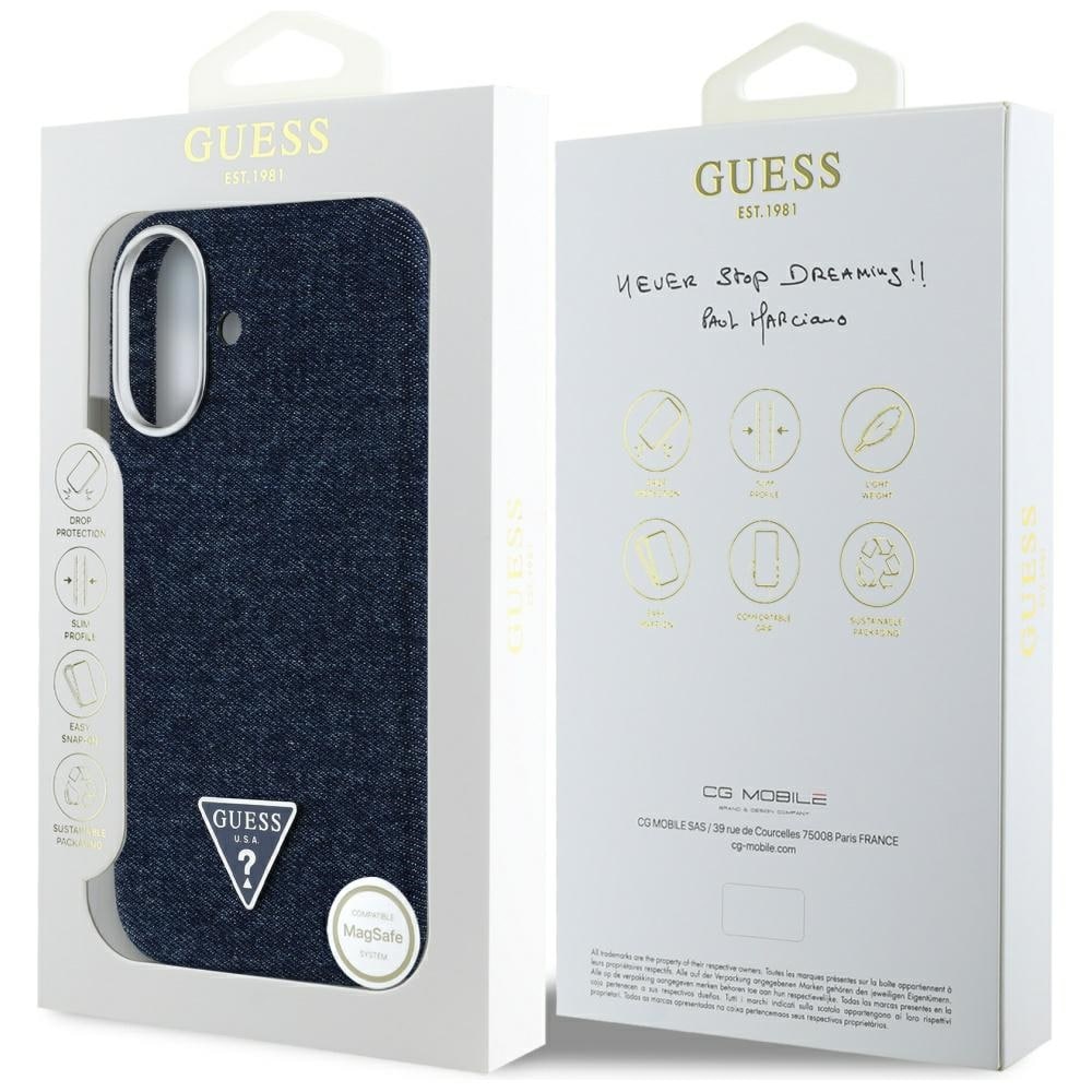 Guess Denim Triangle Logo MagSafe iPhone 16 Etui - blå