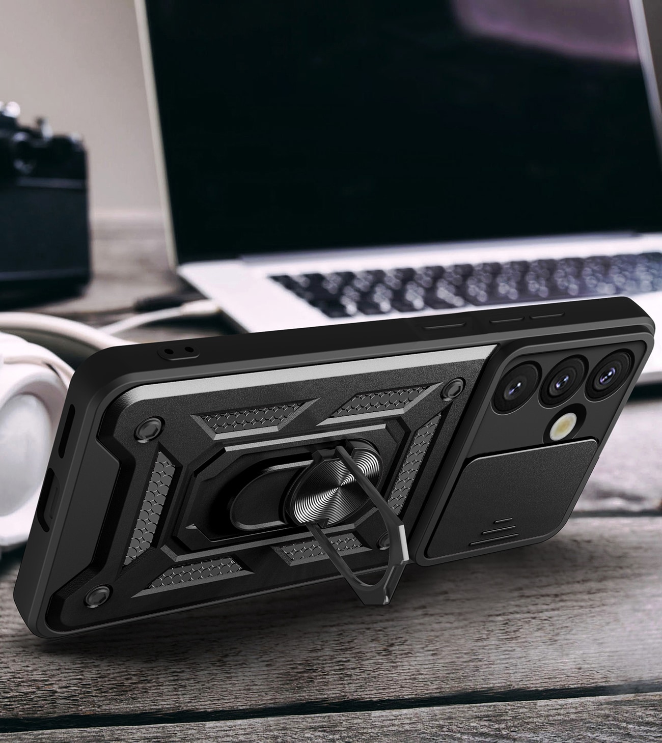 Hybrid Armor Camshield-etui med stativ og kameradeksel til OnePlus Ace Pro 5G / 10T 5G - Svart
