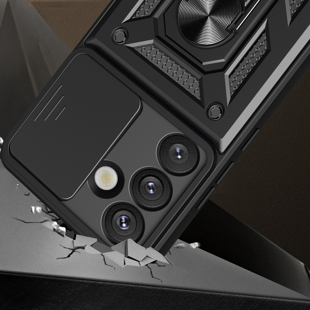 Hybrid Armor Camshield-etui med stativ og kameradeksel til Oppo F29 Pro 5G - Svart