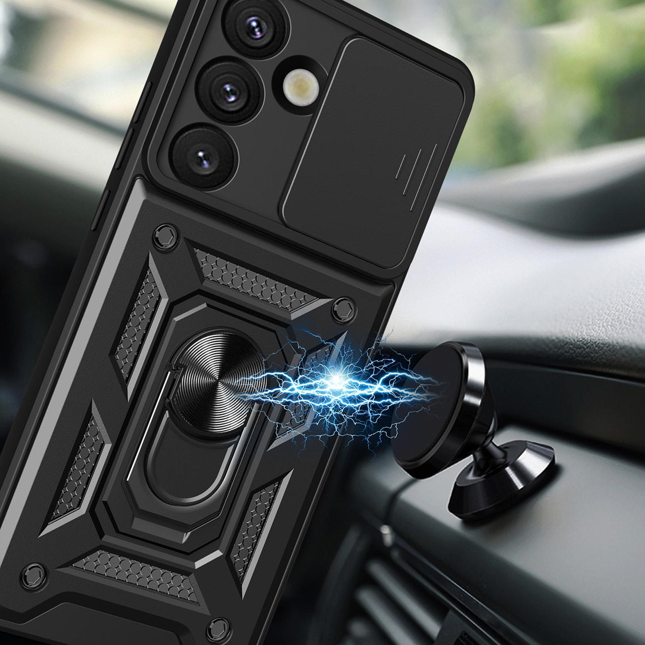 Hybrid Armor Camshield-etui med stativ og kameradeksel til Oppo F29 Pro 5G - Svart