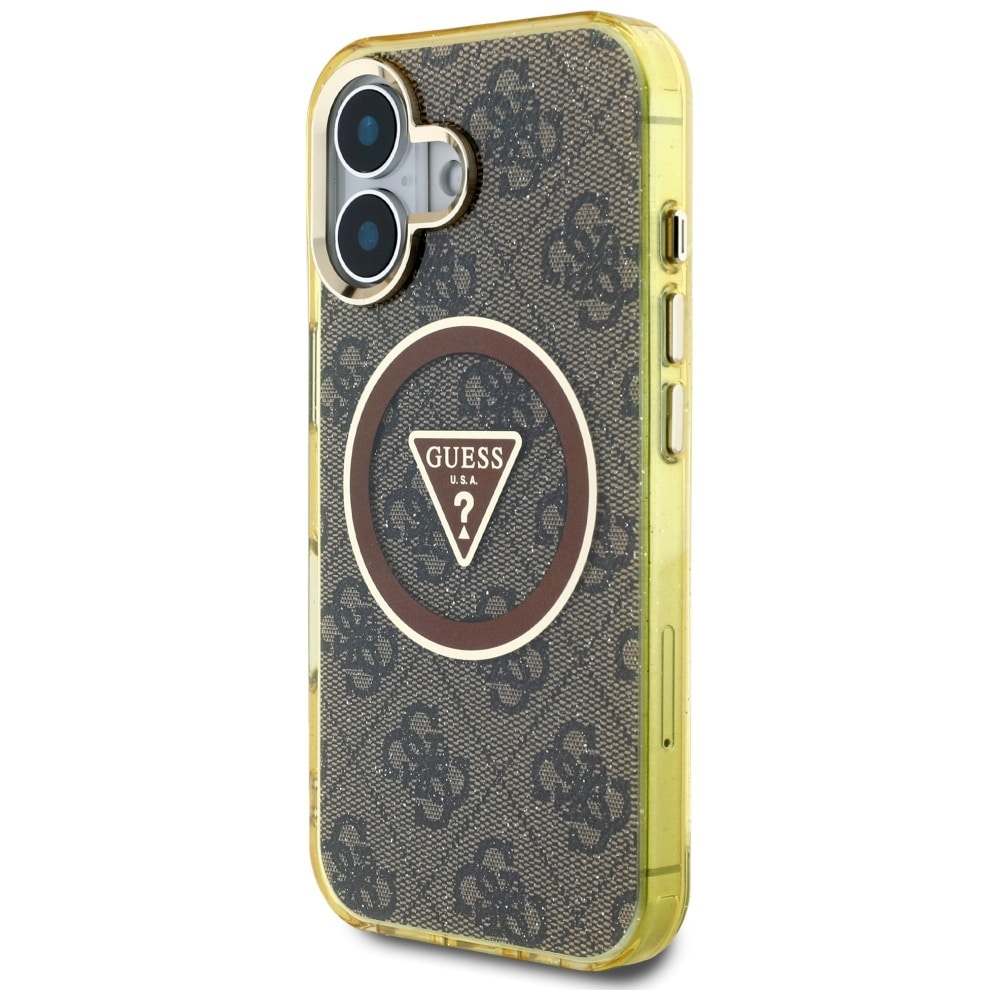 Guess IML metallglitter 4G Circle Triangle MagSafe-etui for iPhone 16 - Brun