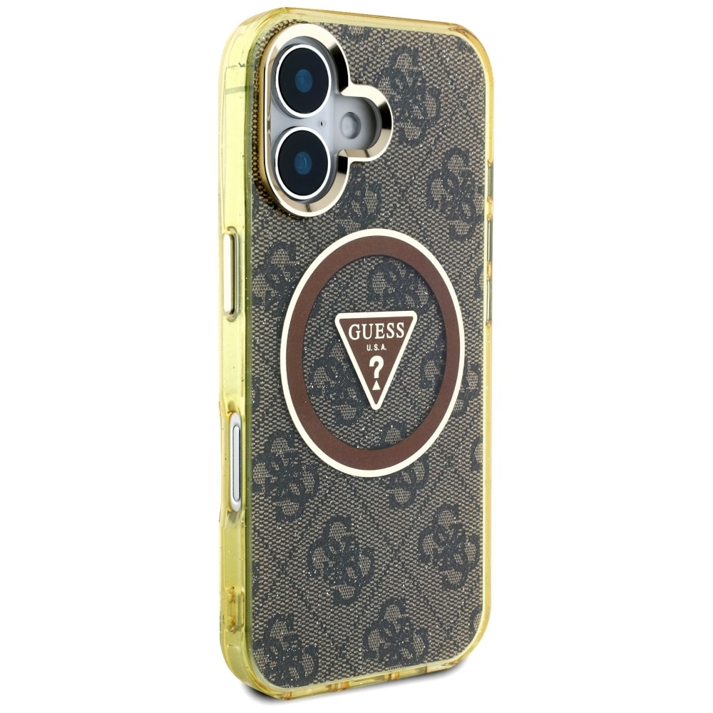 Guess IML metallglitter 4G Circle Triangle MagSafe-etui for iPhone 16 - Brun