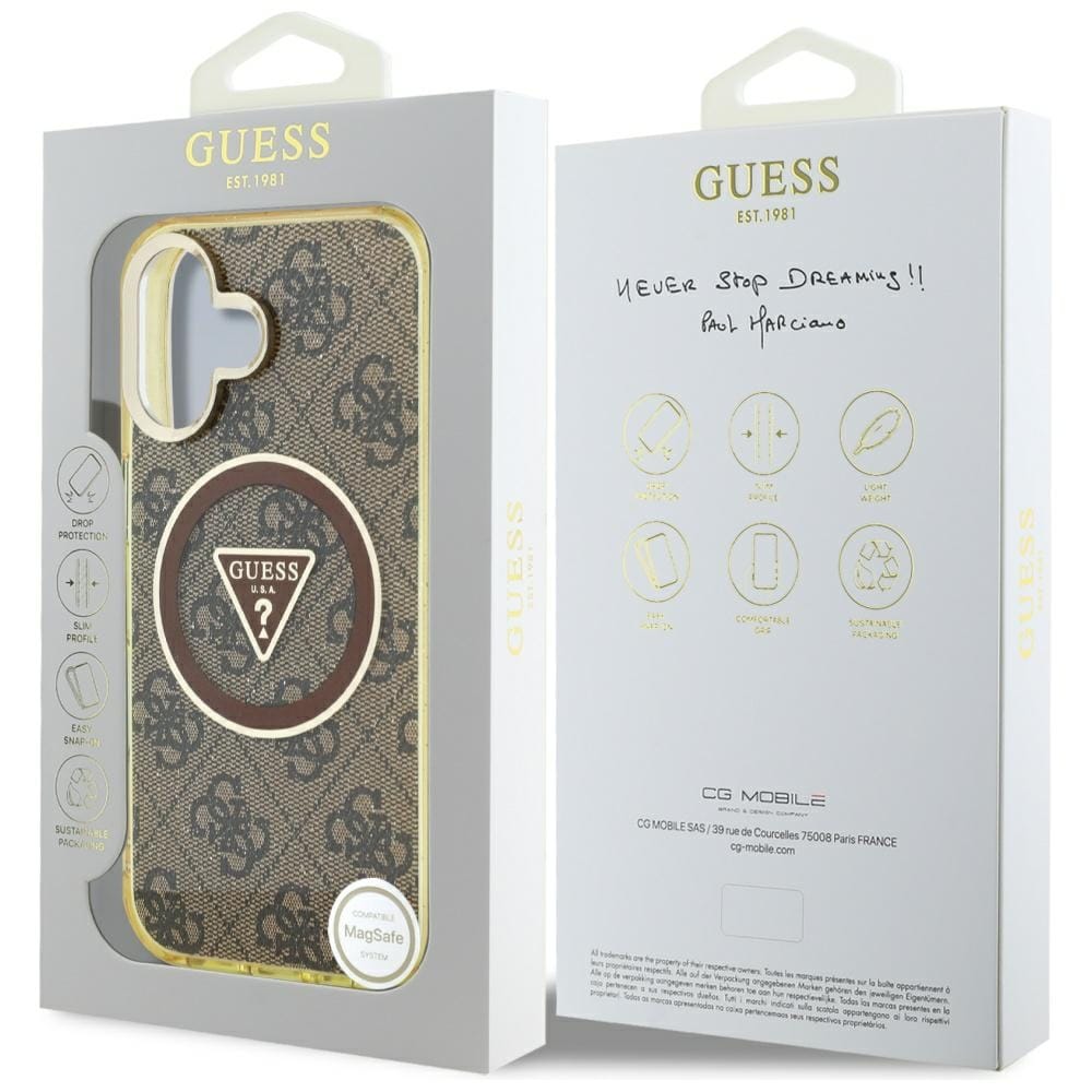Guess IML metallglitter 4G Circle Triangle MagSafe-etui for iPhone 16 - Brun