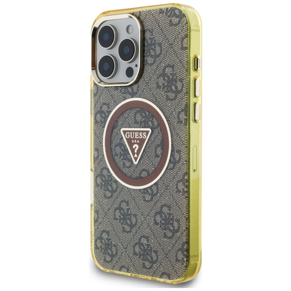 Guess IML metallglitter 4G sirkel triangel MagSafe-etui for iPhone 16 Pro - Brun
