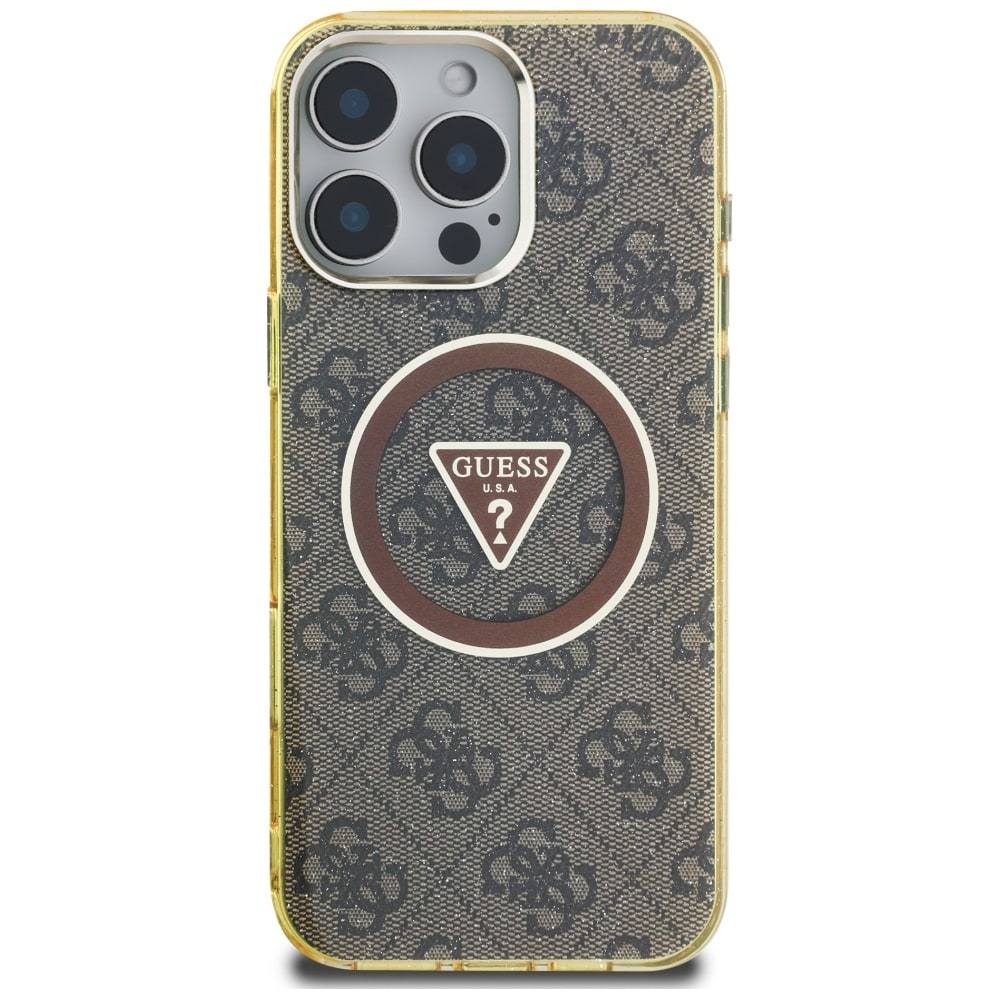 Guess IML metallglitter 4G sirkel triangel MagSafe-etui for iPhone 16 Pro - Brun