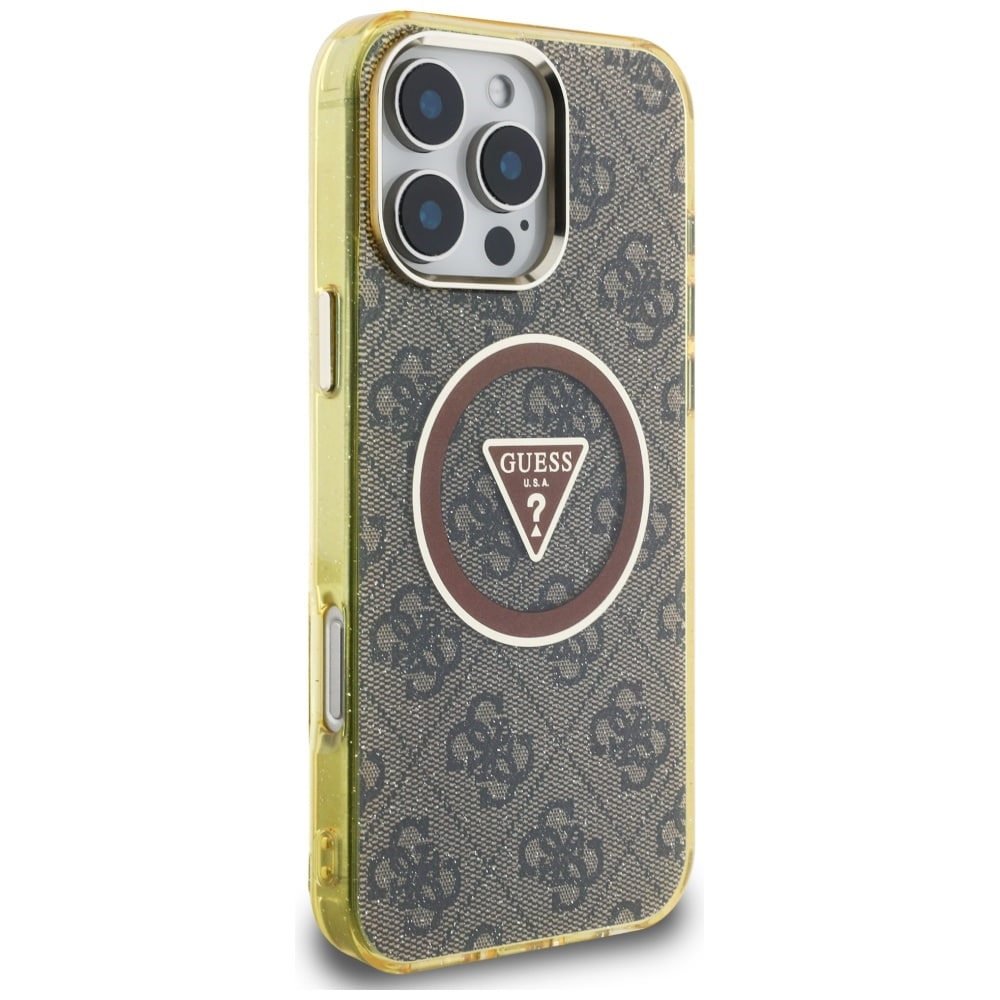 Guess IML metallglitter 4G sirkel triangel MagSafe-etui for iPhone 16 Pro - Brun