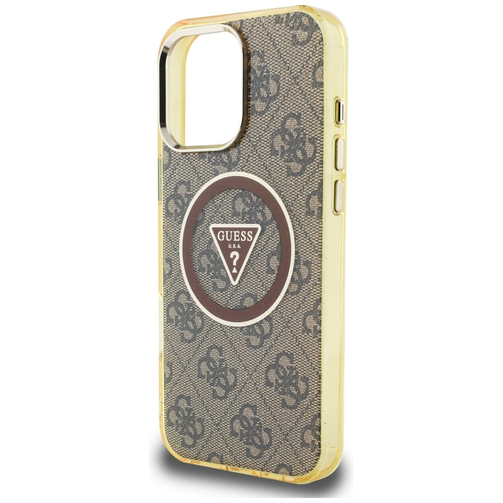 Guess IML metallglitter 4G sirkel triangel MagSafe-etui for iPhone 16 Pro - Brun