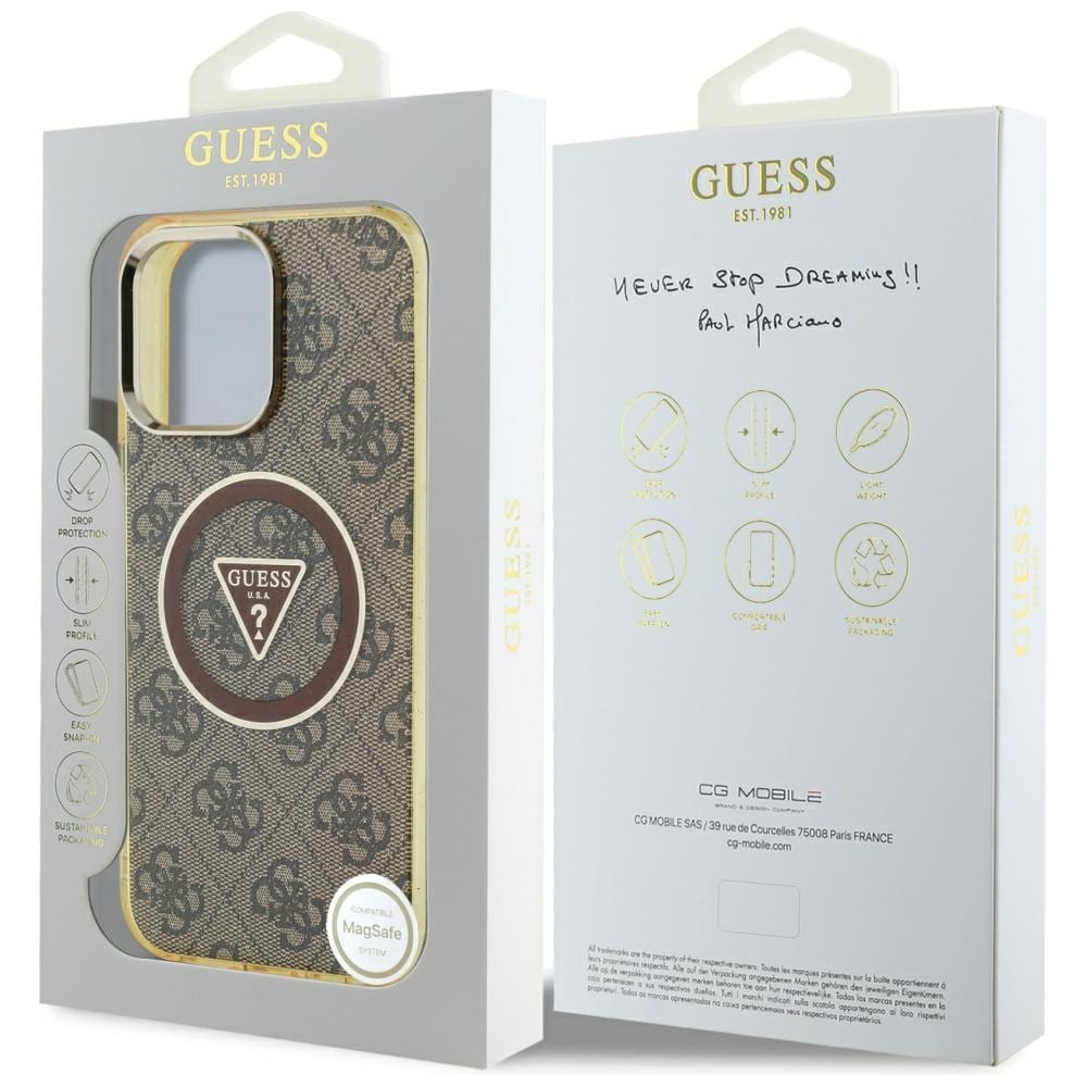 Guess IML metallglitter 4G sirkel triangel MagSafe-etui for iPhone 16 Pro - Brun