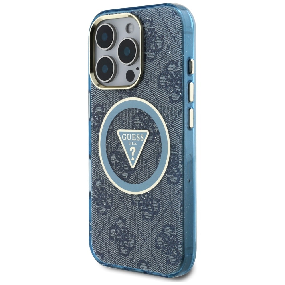 Guess IML metallglitter 4G sirkel triangel MagSafe-etui for iPhone 16 Pro Max - blå
