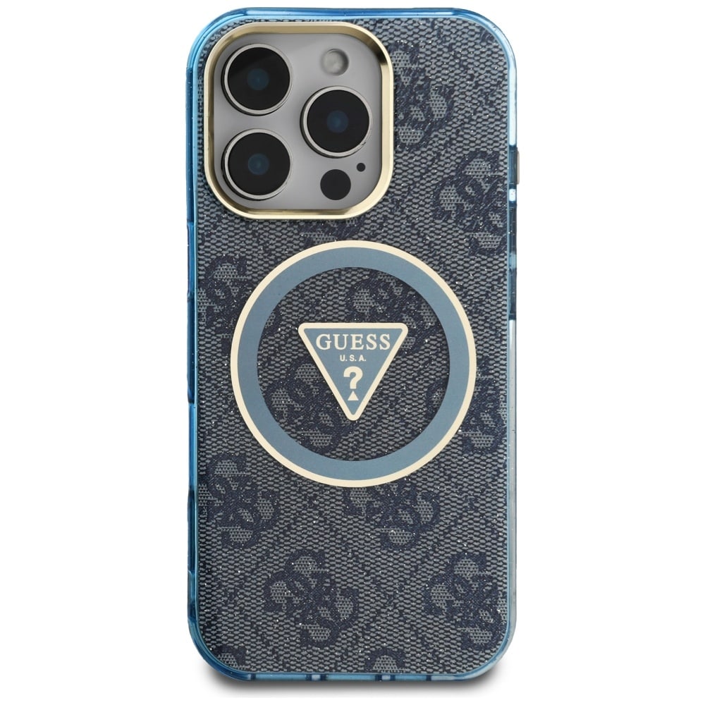 Guess IML metallglitter 4G sirkel triangel MagSafe-etui for iPhone 16 Pro Max - blå