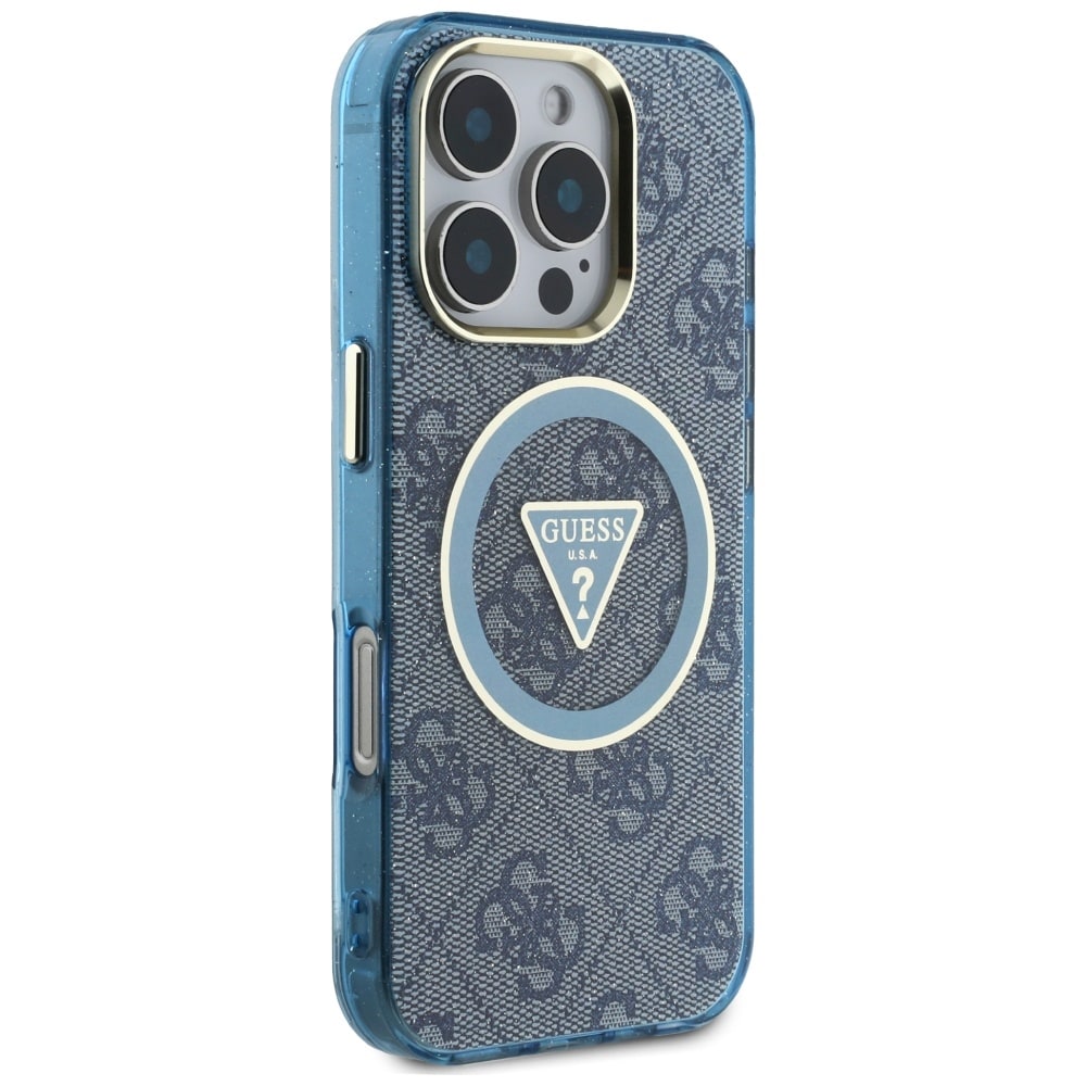 Guess IML metallglitter 4G sirkel triangel MagSafe-etui for iPhone 16 Pro Max - blå