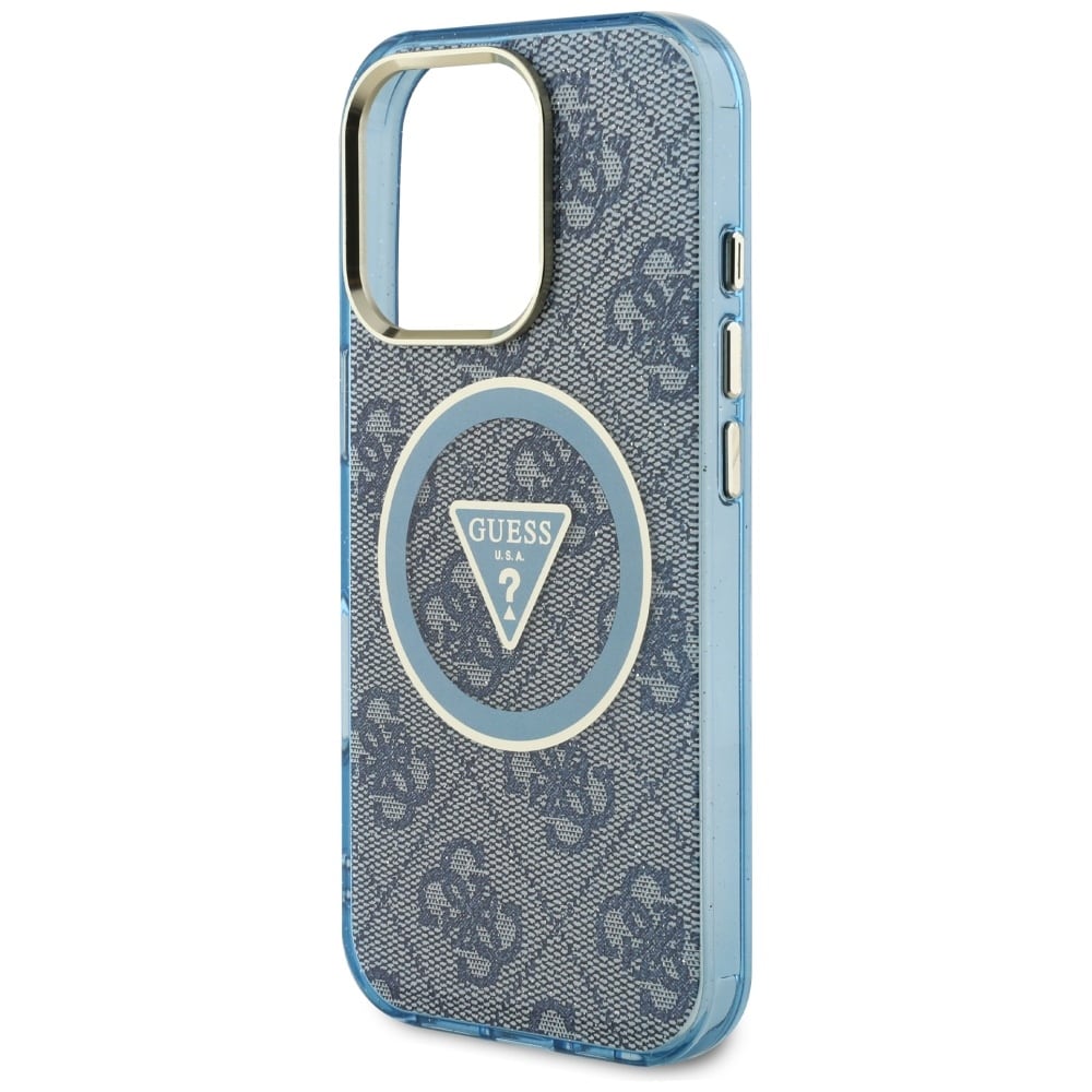 Guess IML metallglitter 4G sirkel triangel MagSafe-etui for iPhone 16 Pro Max - blå