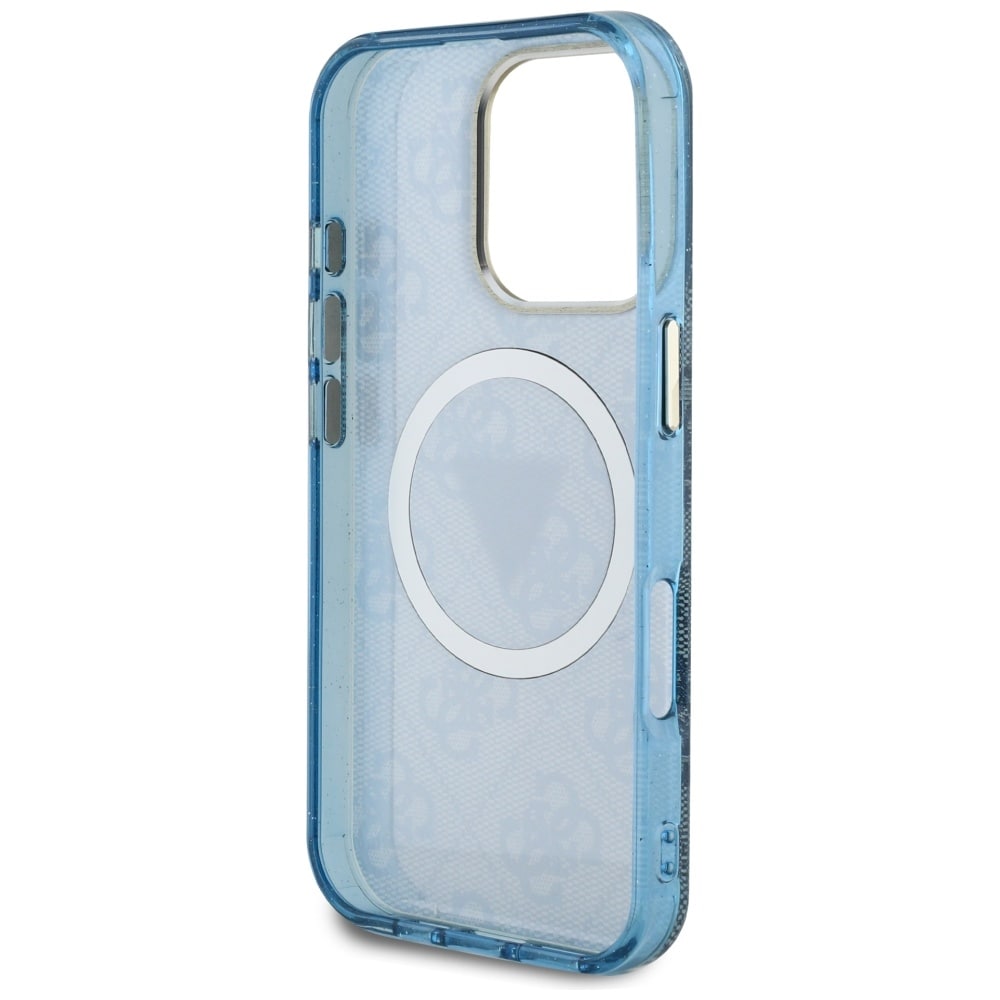 Guess IML metallglitter 4G sirkel triangel MagSafe-etui for iPhone 16 Pro Max - blå
