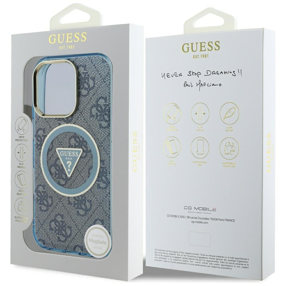 Guess IML metallglitter 4G sirkel triangel MagSafe-etui for iPhone 16 Pro Max - blå