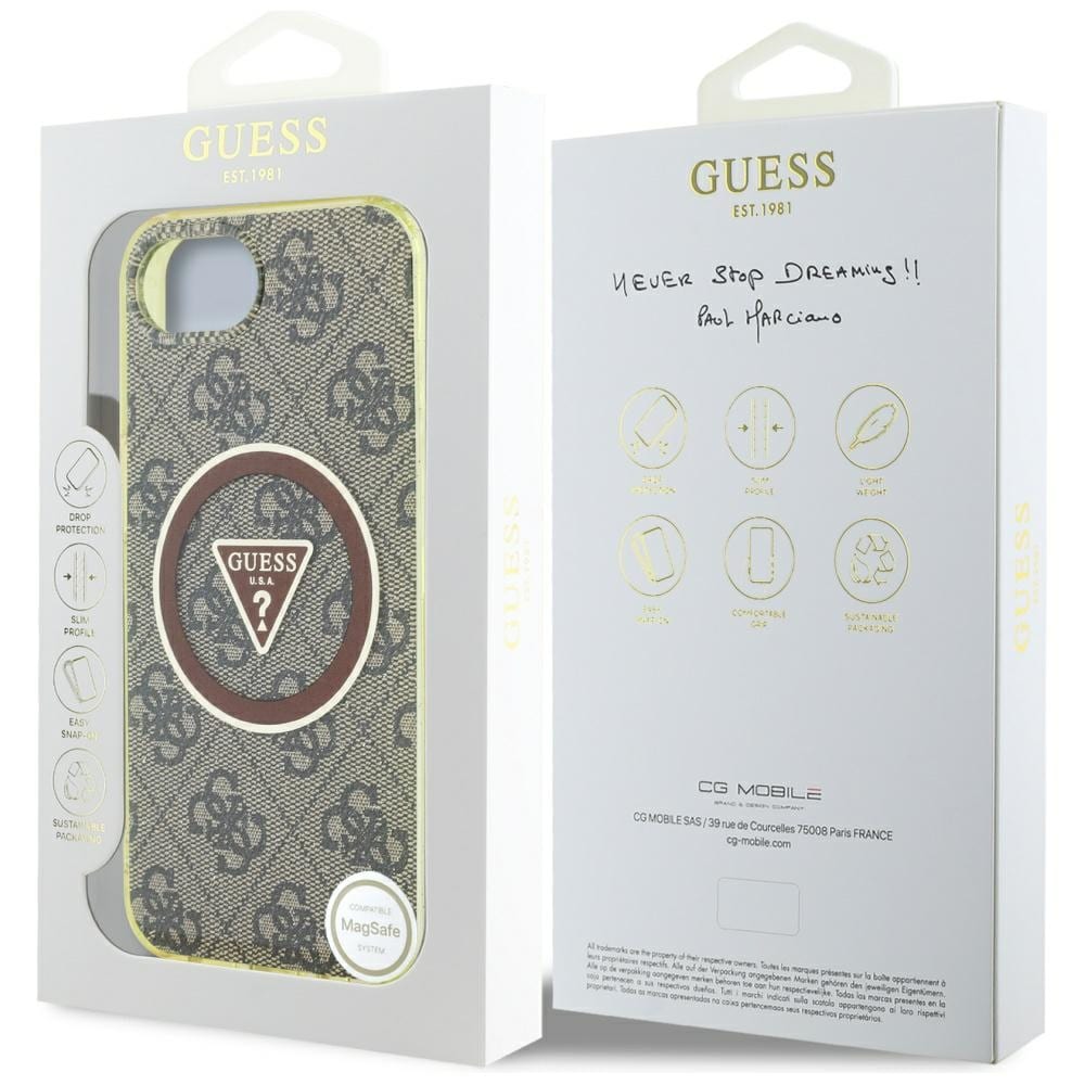 Guess IML Metall Glitter 4G Circle Triangle MagSafe-etui for iPhone 16e - brun
