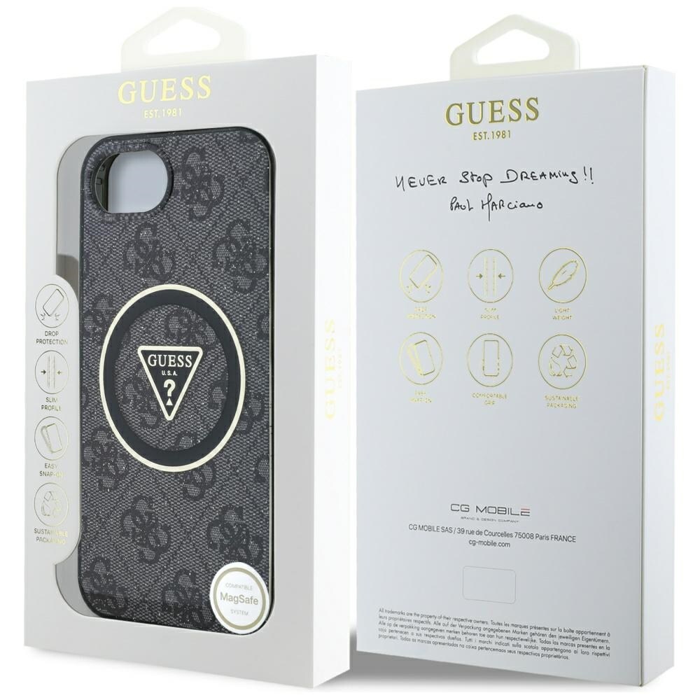 Guess IML metallglitter 4G Circle Triangle MagSafe-etui for iPhone 16e - svart