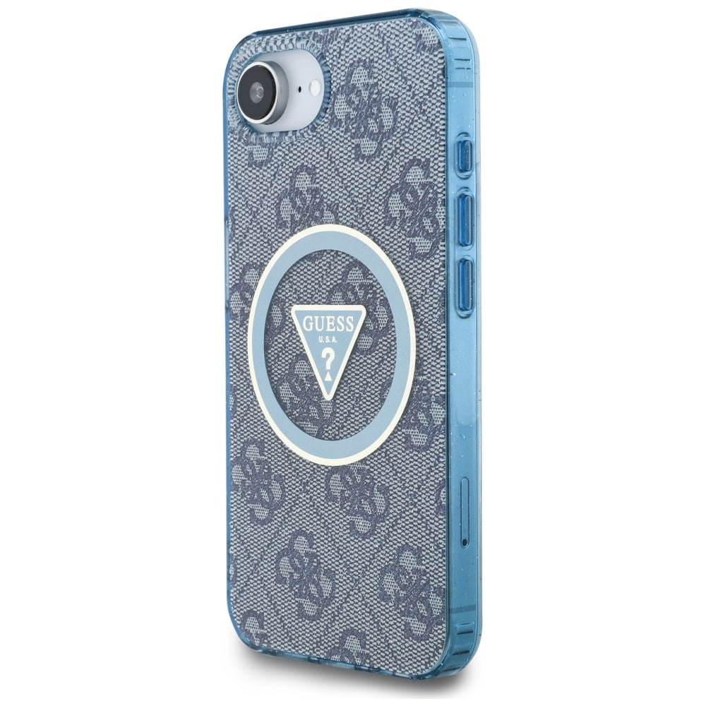 Guess IML metallglitter 4G sirkel triangel MagSafe-etui for iPhone 16e - blå