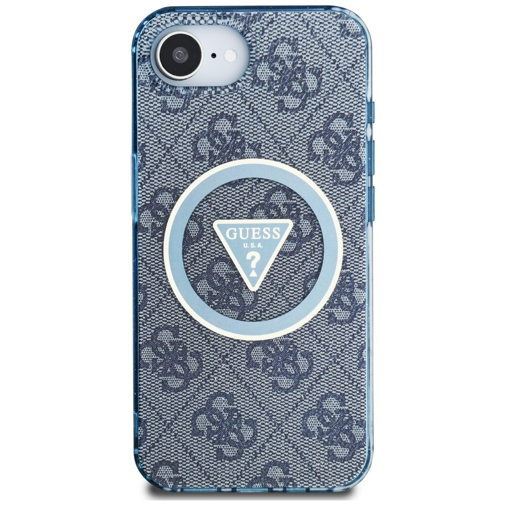 Guess IML metallglitter 4G sirkel triangel MagSafe-etui for iPhone 16e - blå