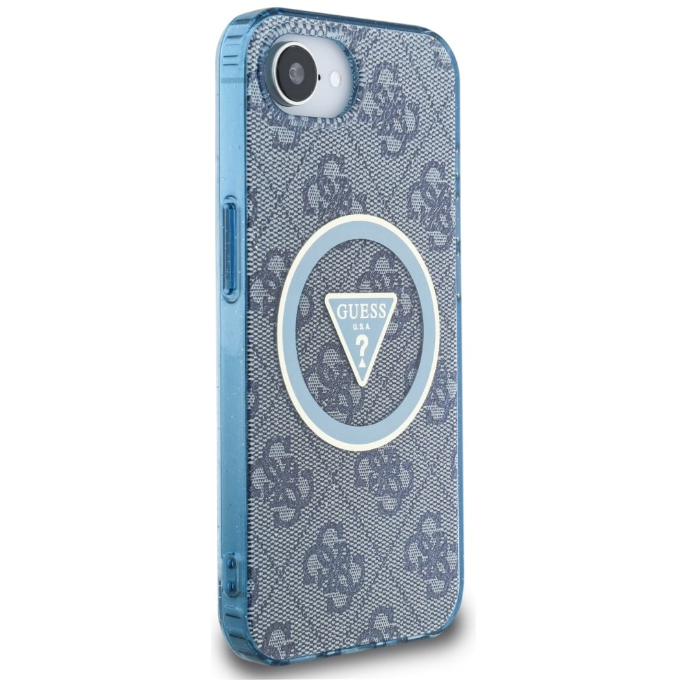 Guess IML metallglitter 4G sirkel triangel MagSafe-etui for iPhone 16e - blå