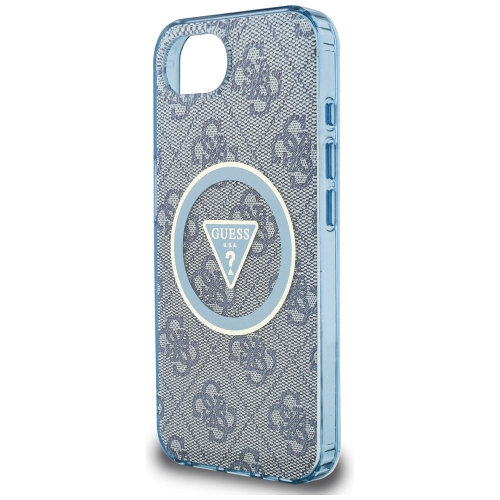 Guess IML metallglitter 4G sirkel triangel MagSafe-etui for iPhone 16e - blå