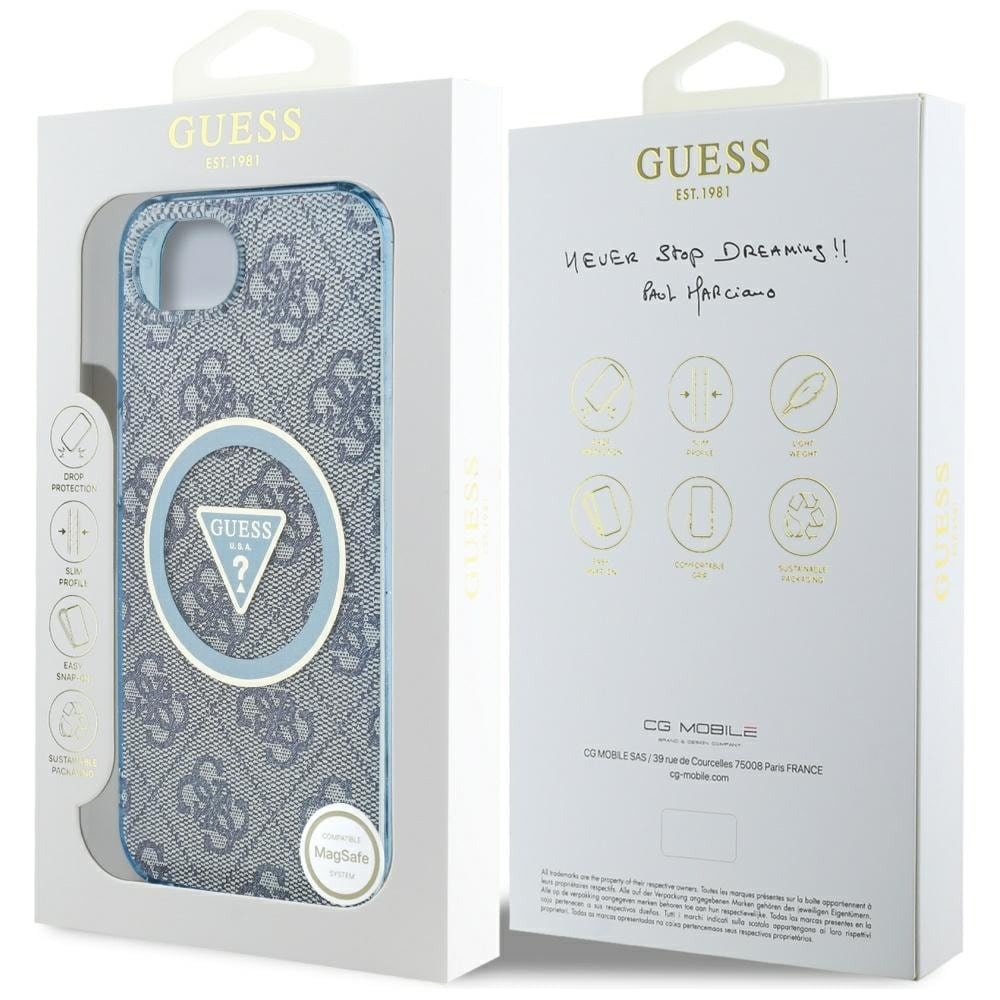 Guess IML metallglitter 4G sirkel triangel MagSafe-etui for iPhone 16e - blå