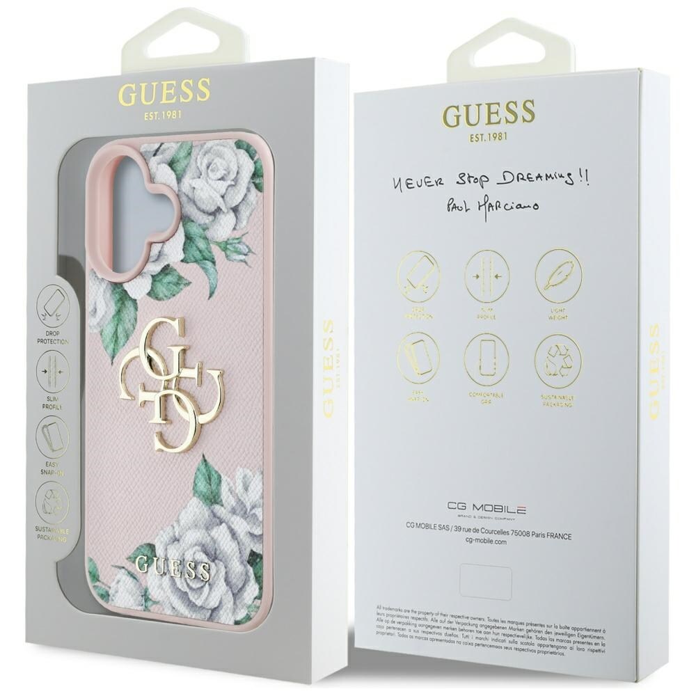 Guess Grained Roses Big 4G-logo iPhone 16 etuier - rosa