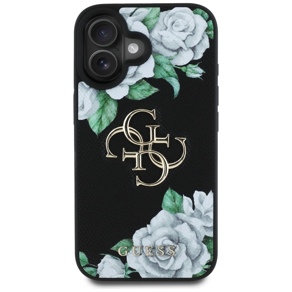 Guess Grained Roses Big 4G-logoetui for iPhone 16 - svart