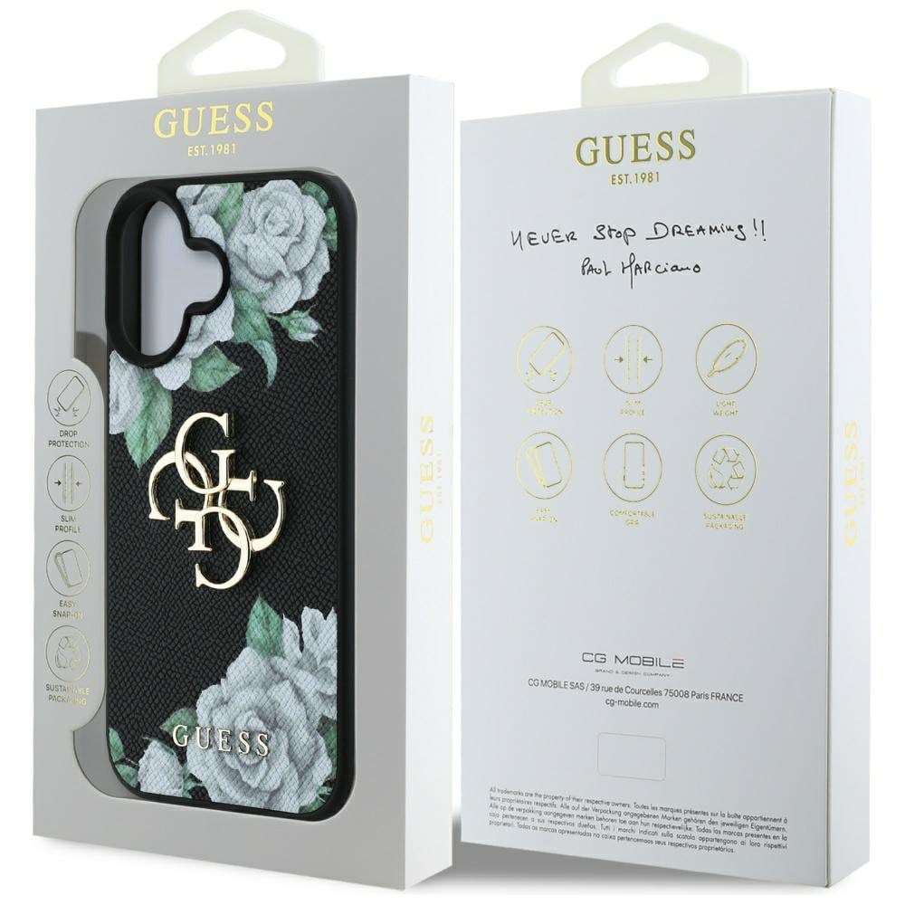 Guess Grained Roses Big 4G-logoetui for iPhone 16 - svart