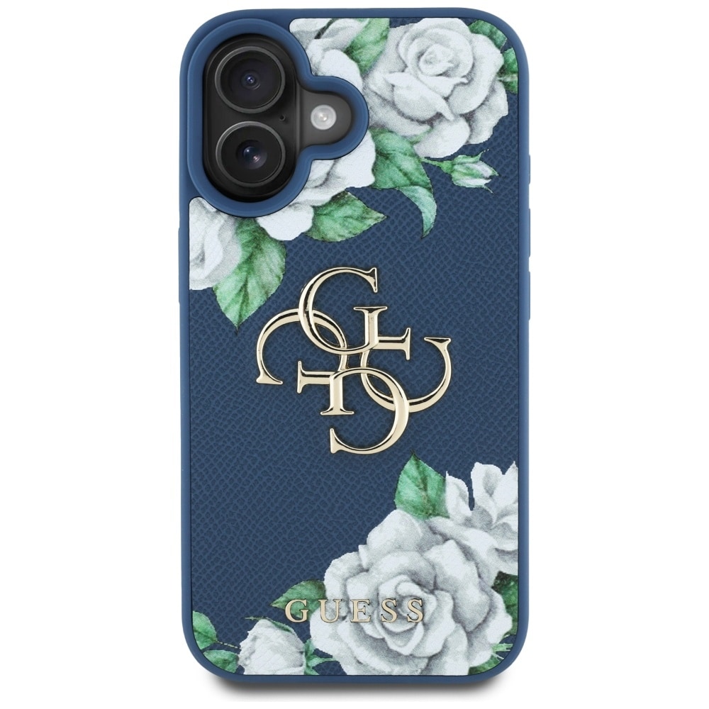 Guess Grained Roses Big 4G-logoetui for iPhone 16 - blå