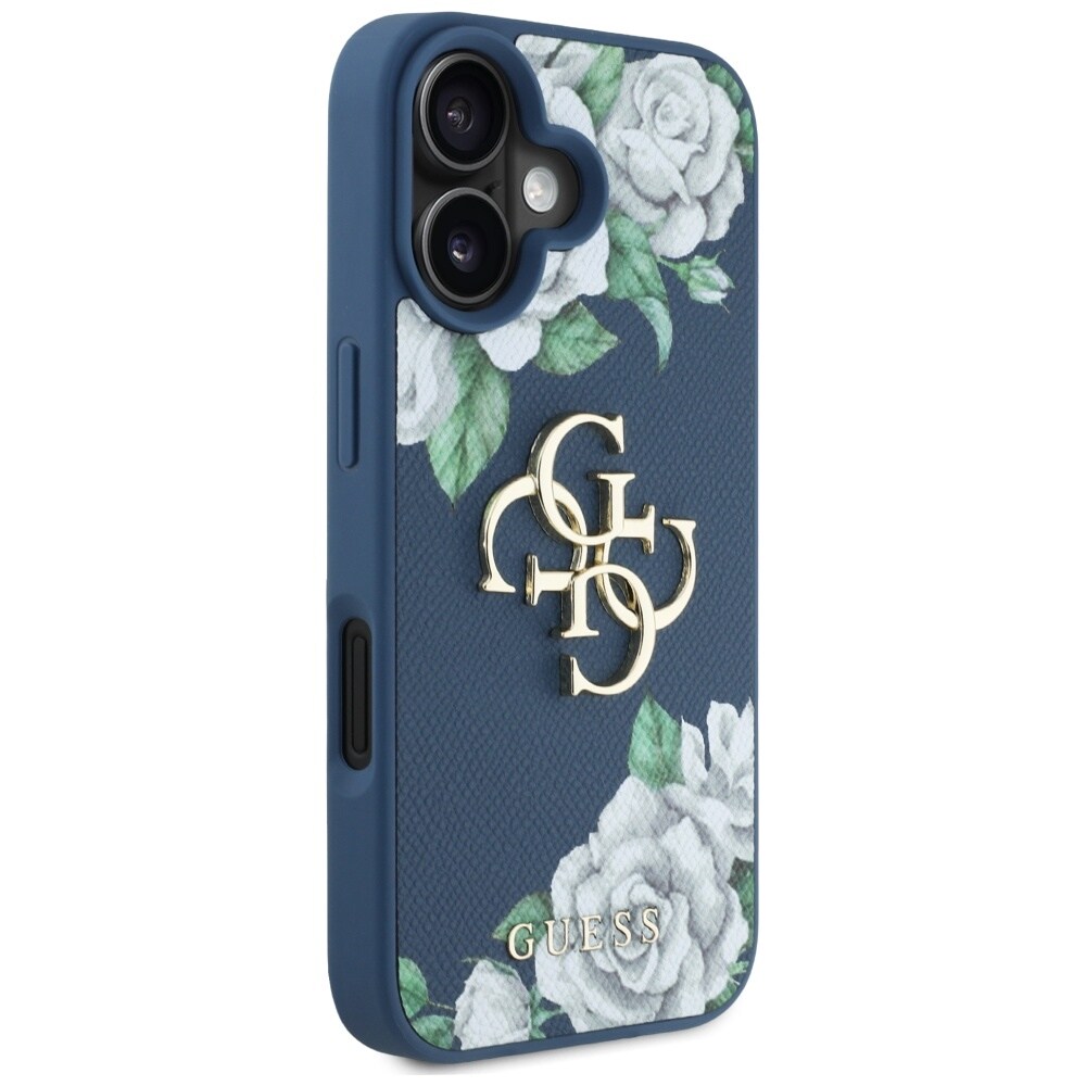 Guess Grained Roses Big 4G-logoetui for iPhone 16 - blå