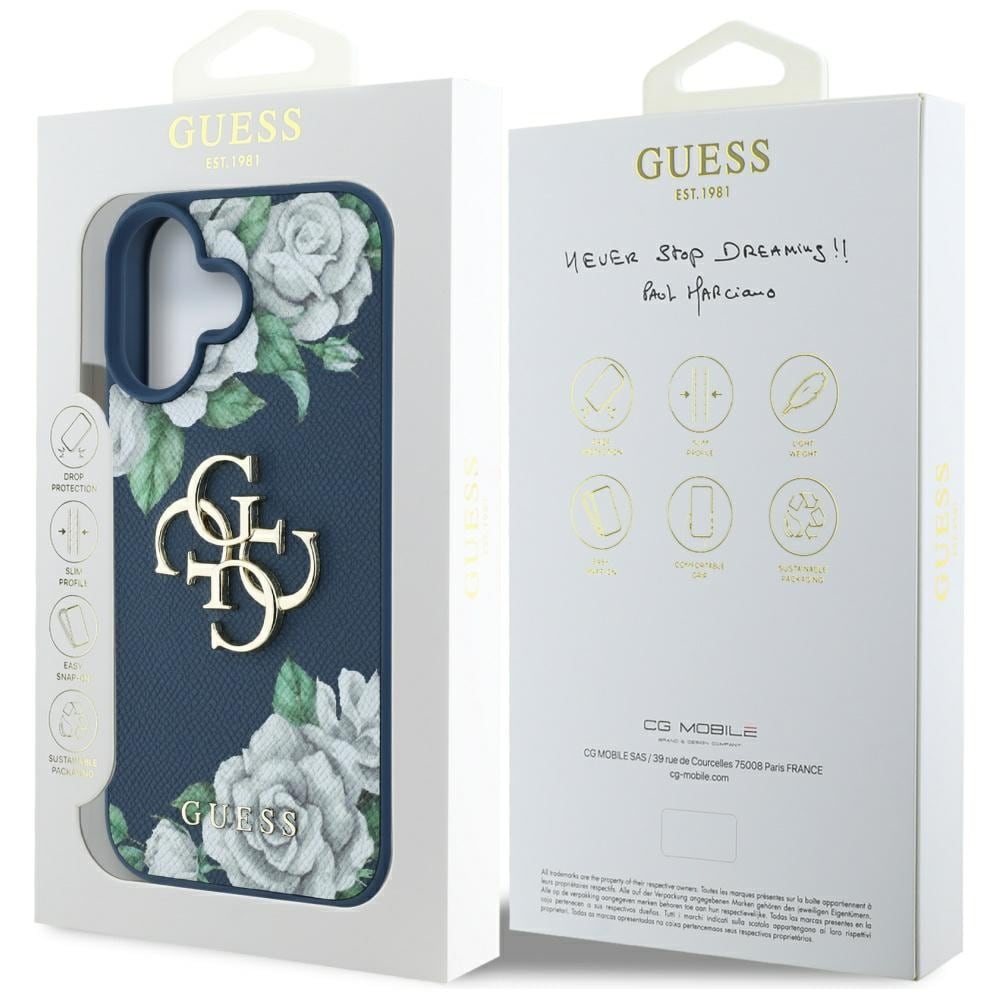 Guess Grained Roses Big 4G-logoetui for iPhone 16 - blå