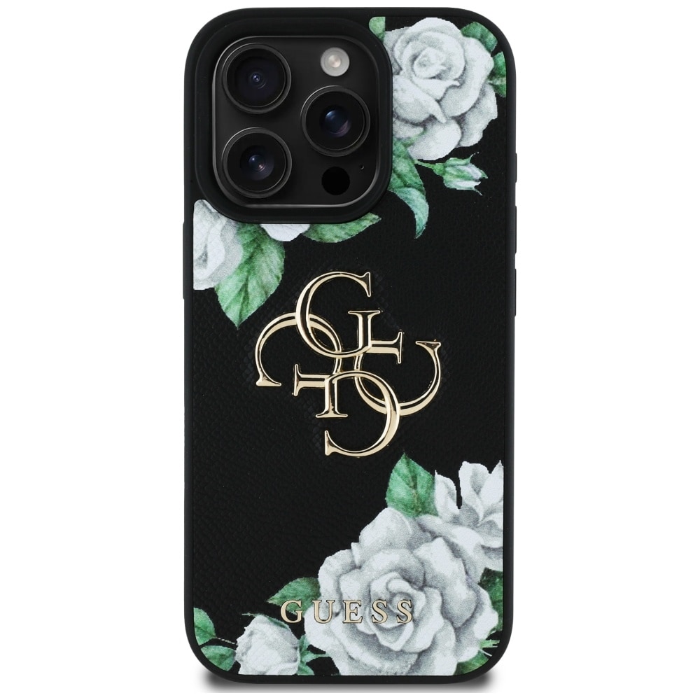 Guess Grained Roses Big 4G-logo iPhone 16 Pro-etui - svart