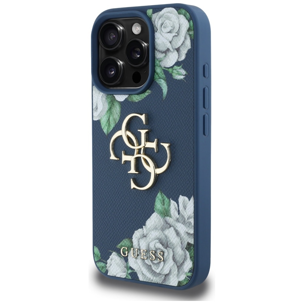 Guess Grained Roses Big 4G-logoetui for iPhone 16 Pro Max - blå