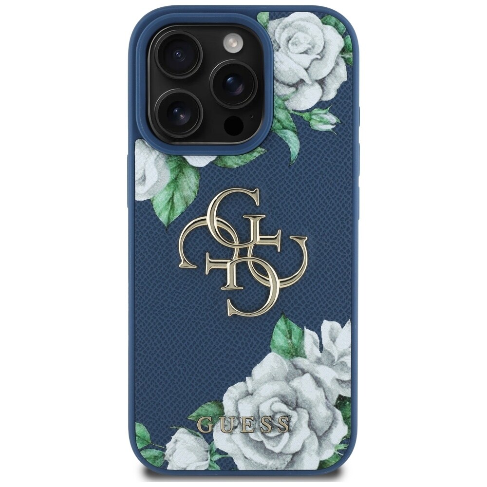 Guess Grained Roses Big 4G-logoetui for iPhone 16 Pro Max - blå