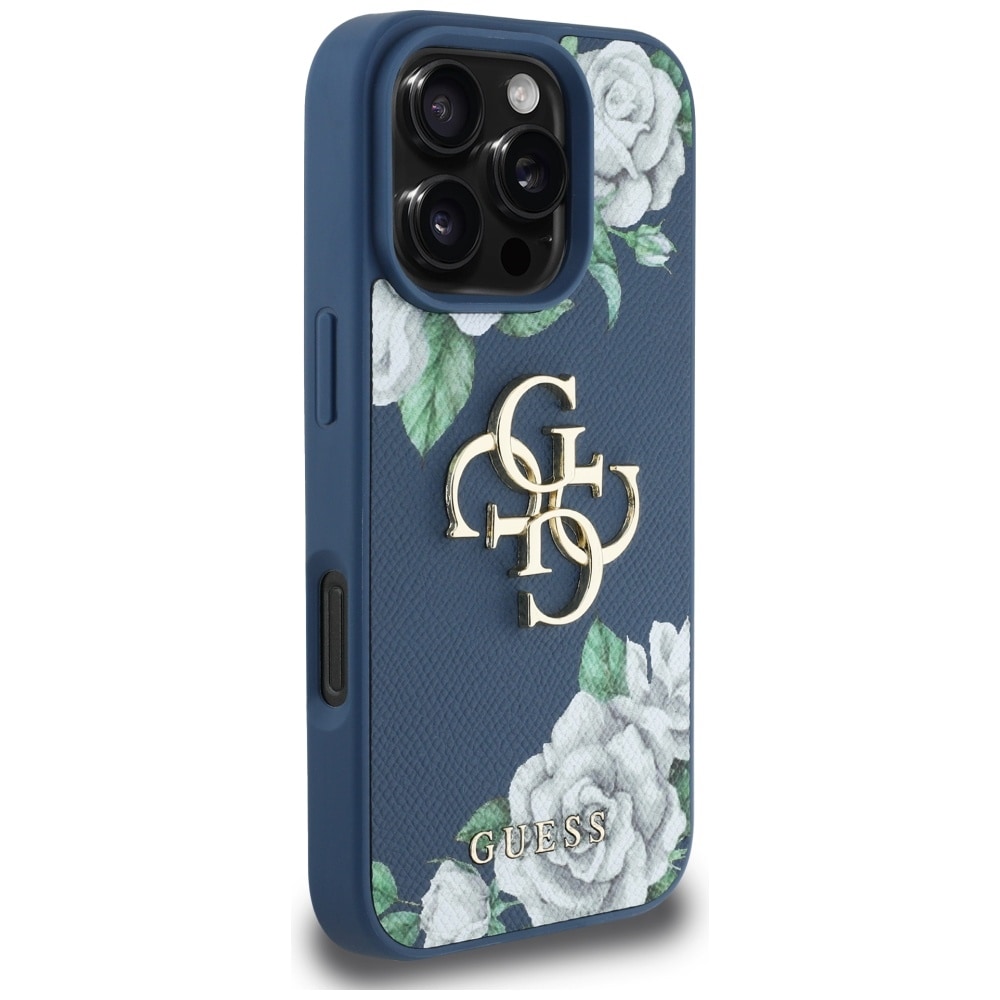 Guess Grained Roses Big 4G-logoetui for iPhone 16 Pro Max - blå