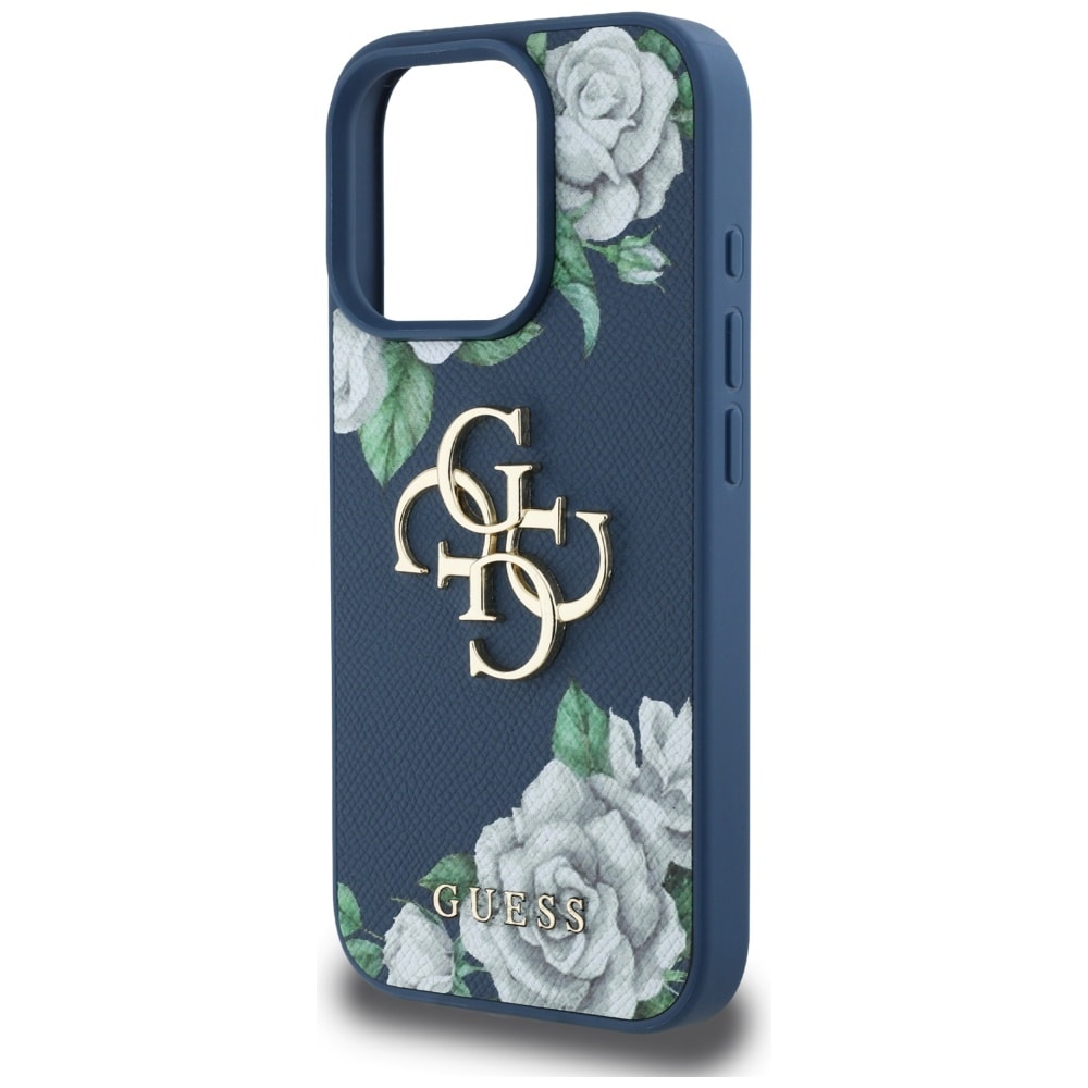 Guess Grained Roses Big 4G-logoetui for iPhone 16 Pro Max - blå