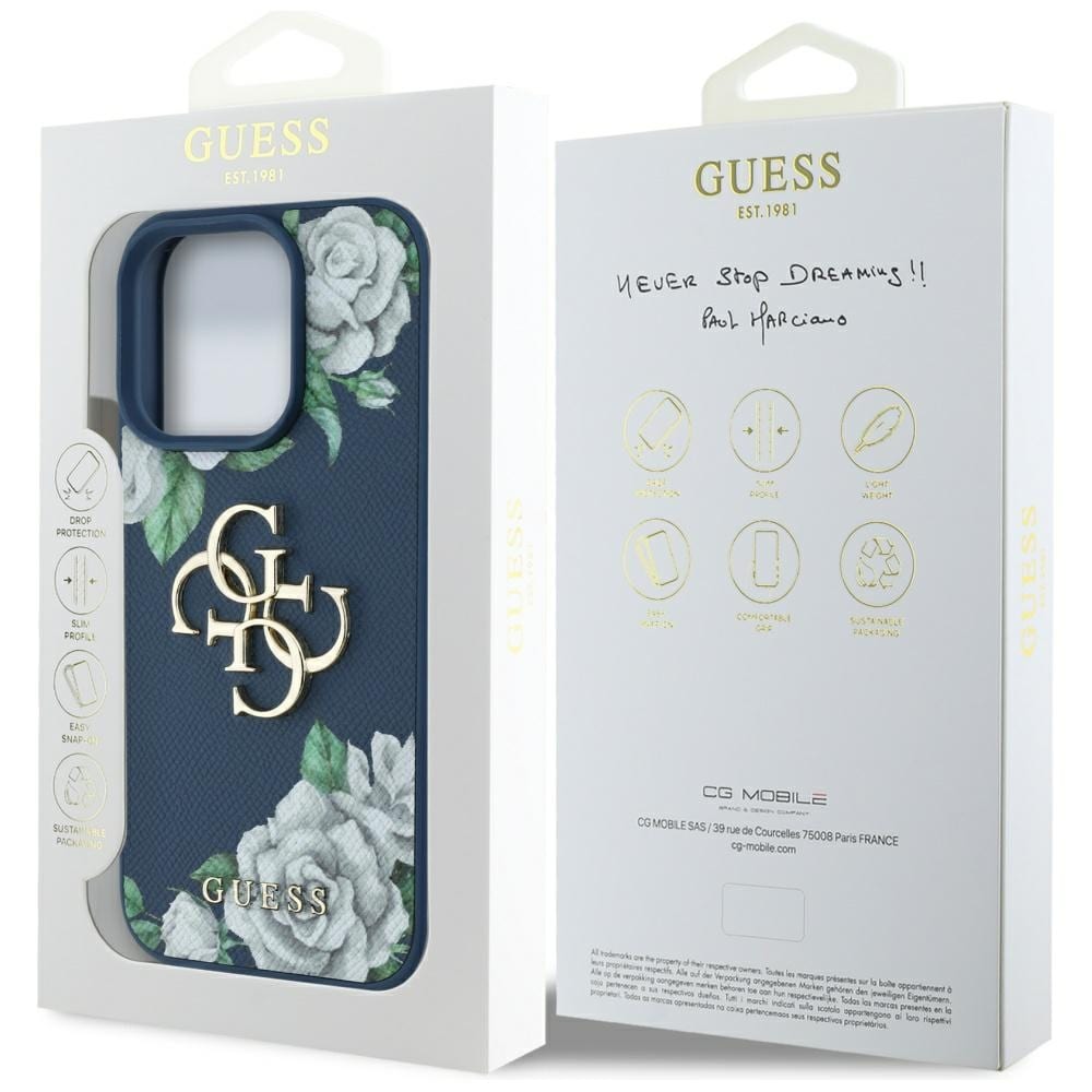 Guess Grained Roses Big 4G-logoetui for iPhone 16 Pro Max - blå