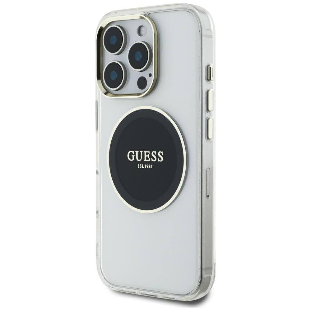 Guess IML metallfarget sirkel Classic MagSafe-etui med logo for iPhone 16 Pro Max - svart
