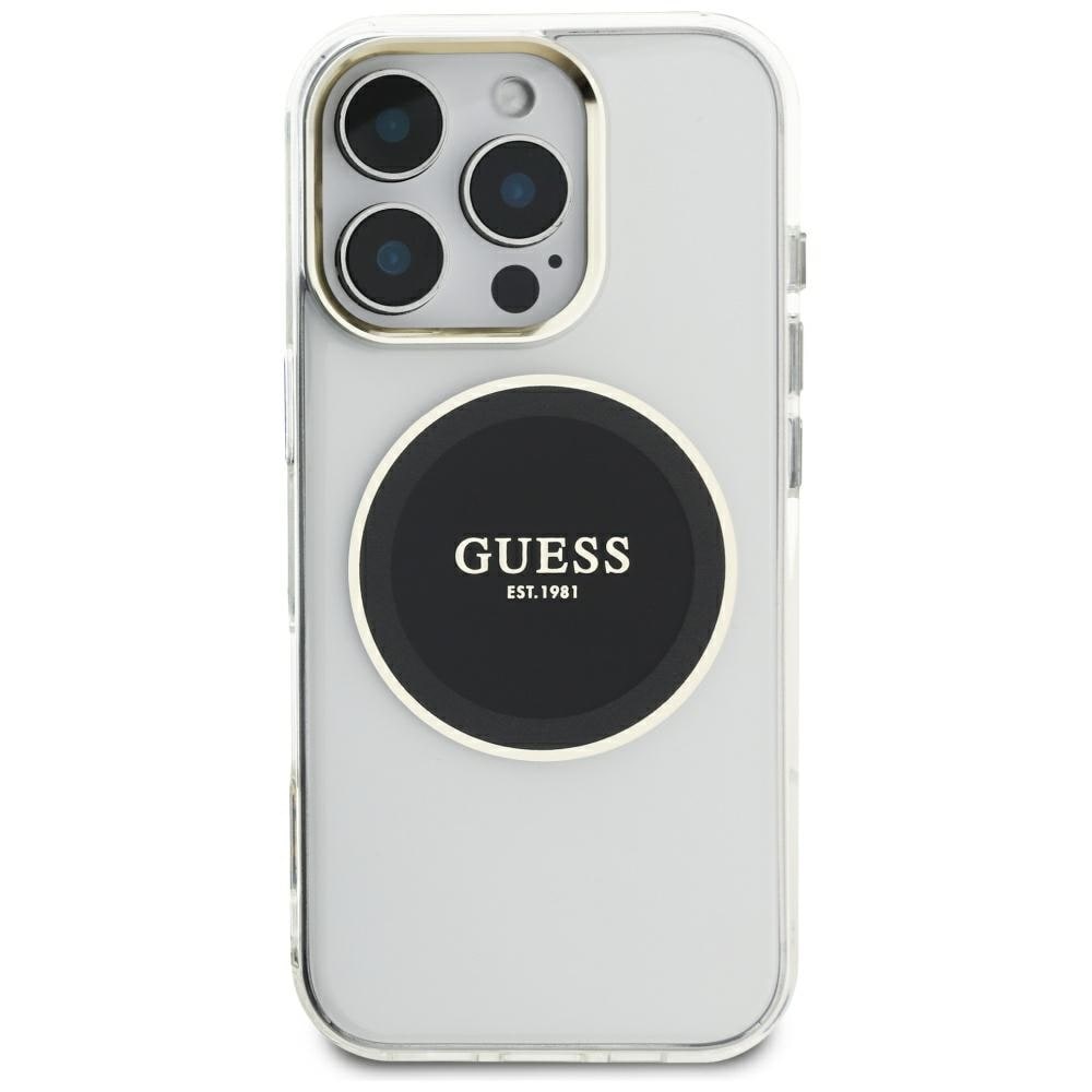 Guess IML metallfarget sirkel Classic MagSafe-etui med logo for iPhone 16 Pro Max - svart