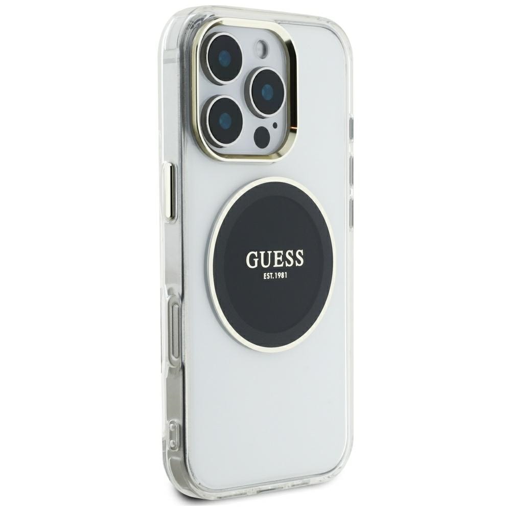 Guess IML metallfarget sirkel Classic MagSafe-etui med logo for iPhone 16 Pro Max - svart