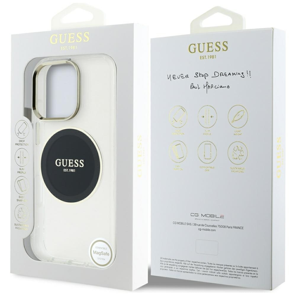 Guess IML metallfarget sirkel Classic MagSafe-etui med logo for iPhone 16 Pro Max - svart