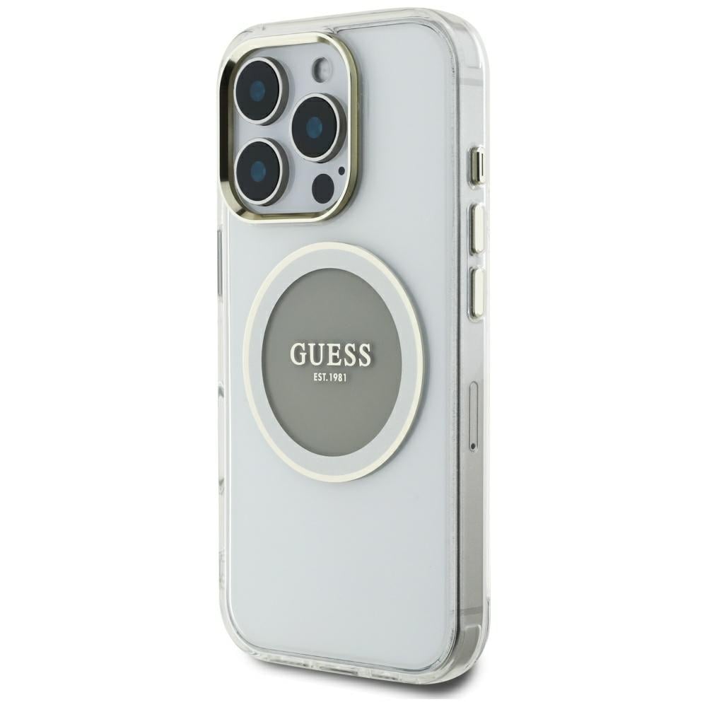 Guess IML metallfarget sirkel Classic MagSafe-etui med logo for iPhone 16 Pro Max - grå