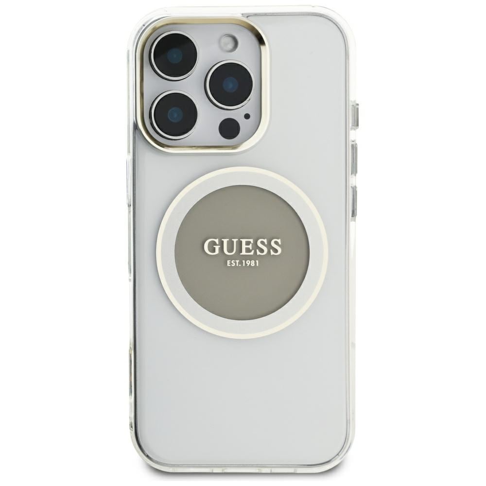 Guess IML metallfarget sirkel Classic MagSafe-etui med logo for iPhone 16 Pro Max - grå