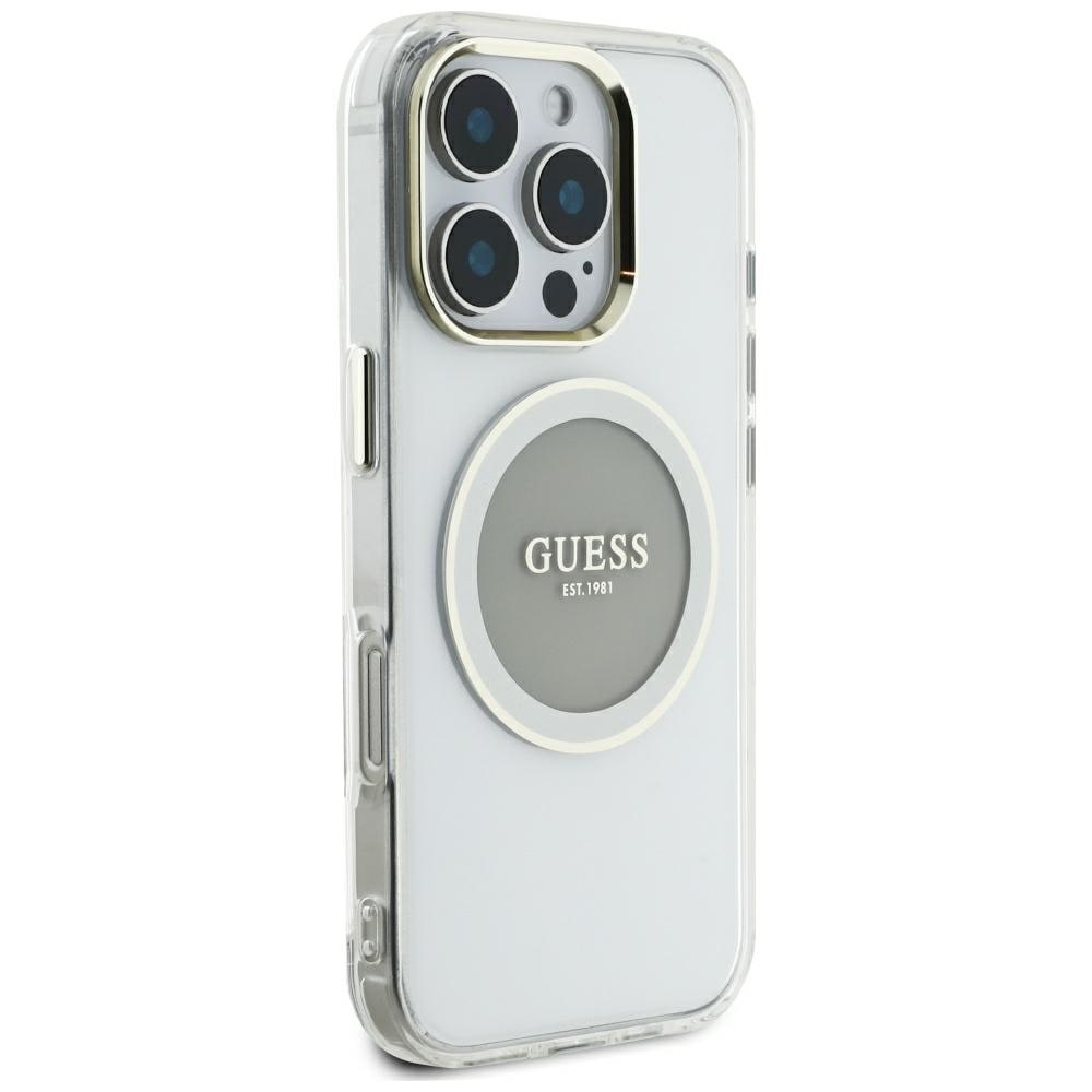 Guess IML metallfarget sirkel Classic MagSafe-etui med logo for iPhone 16 Pro Max - grå