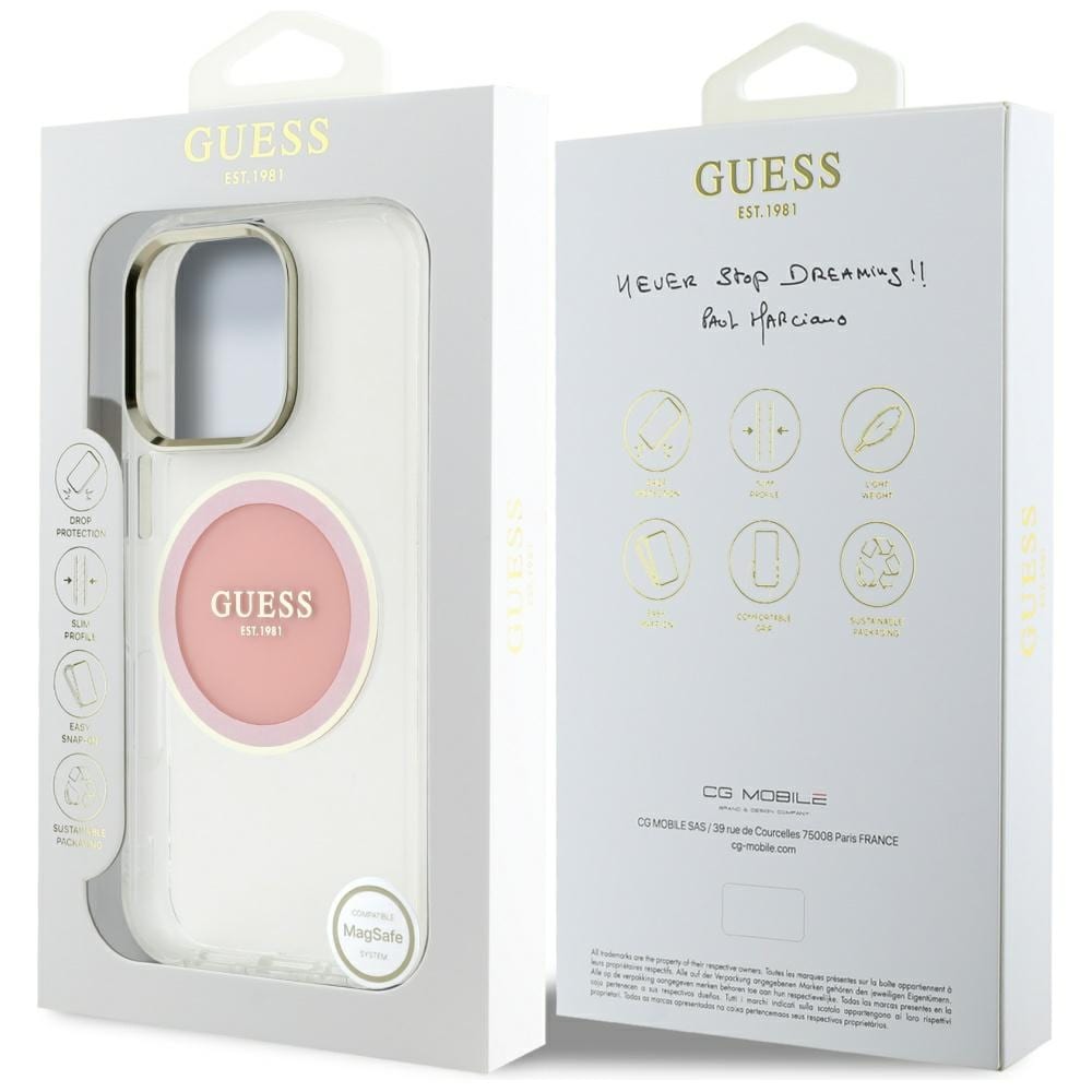 Guess IML metallfarget sirkel Classic Logo MagSafe iPhone 16 Pro-etui - rosa